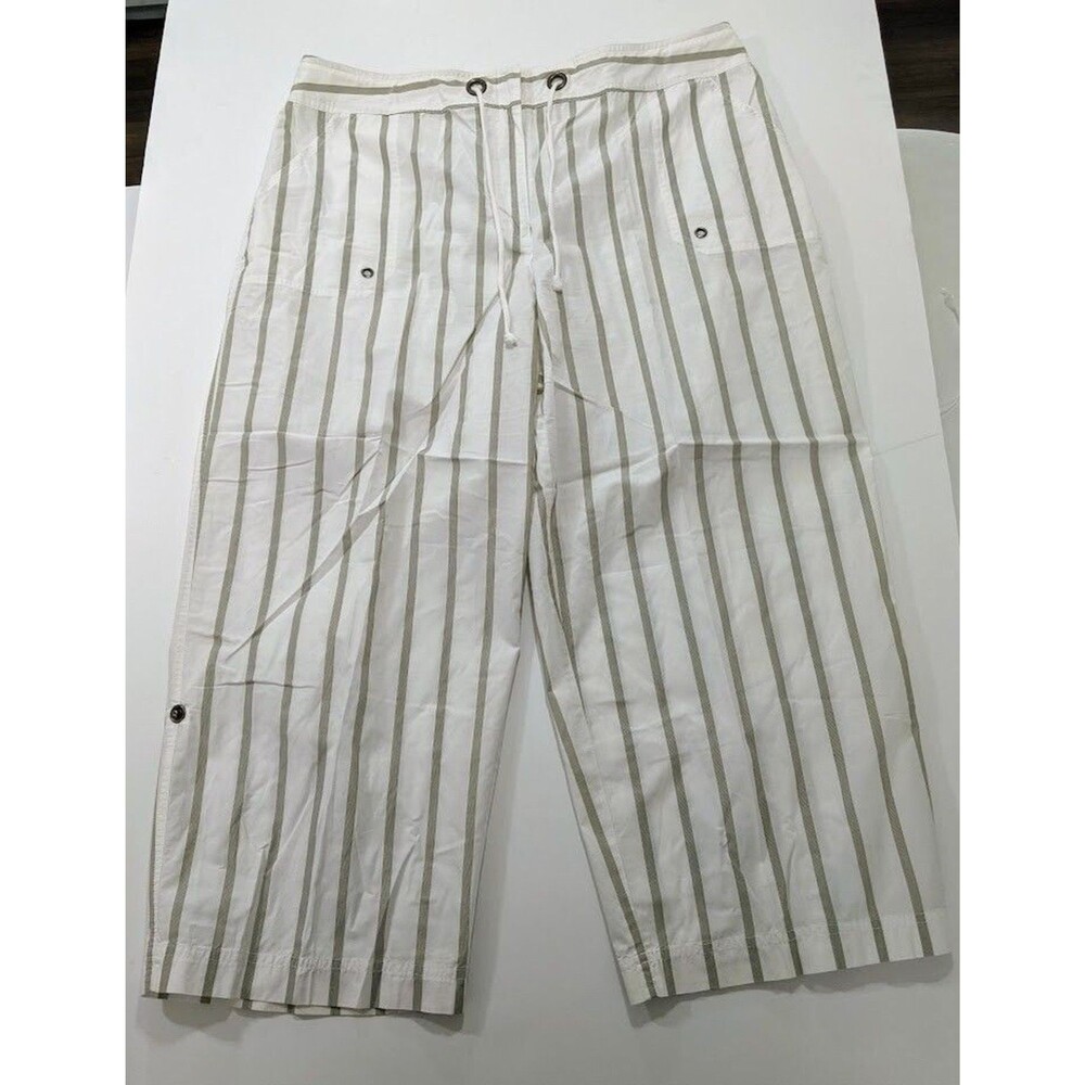 Chico's Size 3 Wide Leg Cropped Pants White Stripe Lightweight 100% Cotton